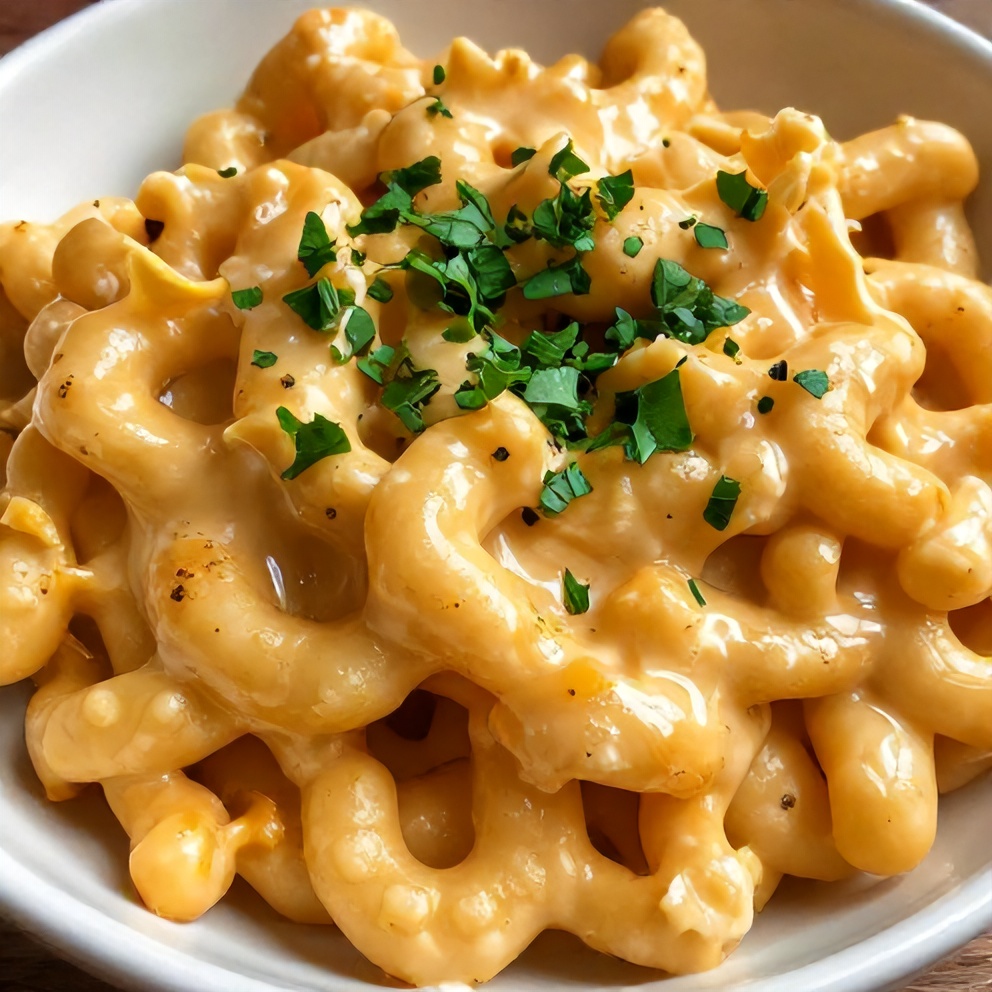 A serving of Joanna Gaines Mac and Cheese on a plate, garnished with chopped parsley, close crop showing creamy texture