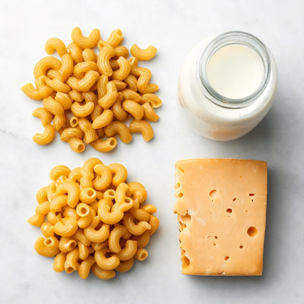 Raw ingredients for Joanna Gaines Mac and Cheese, including elbow macaroni, milk, and cheddar cheese, arranged in a flat lay