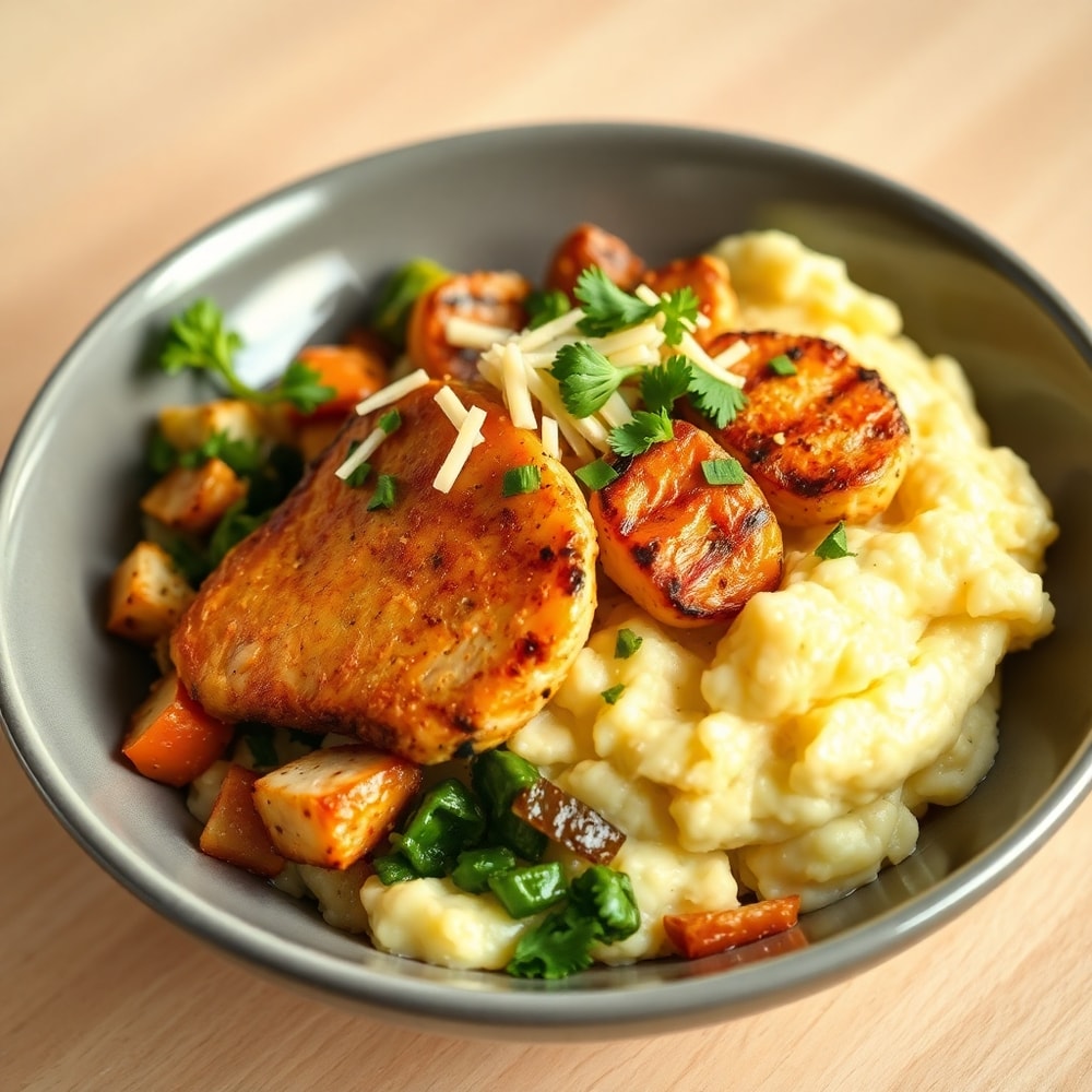 Plated serving of juicy grilled chicken mashed potato bowl