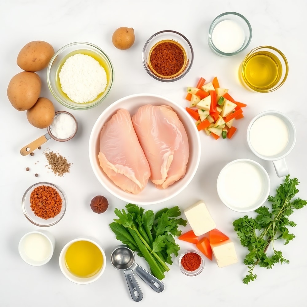 Raw ingredients for juicy grilled chicken mashed potato bowls