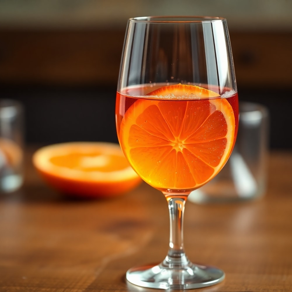 A glass of Lambrusco wine with bubbles, served with a slice of orange, on a wooden table