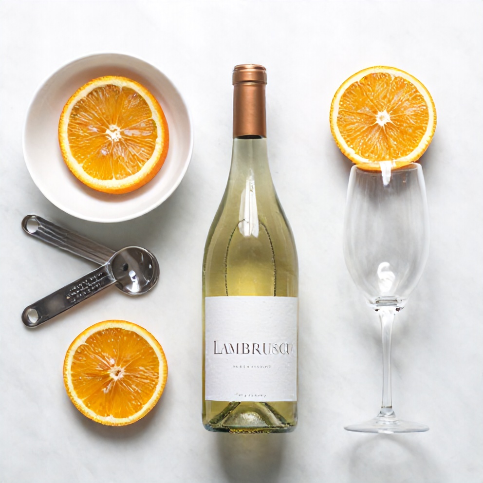 Bottle of Lambrusco wine, orange slices, and a wine glass