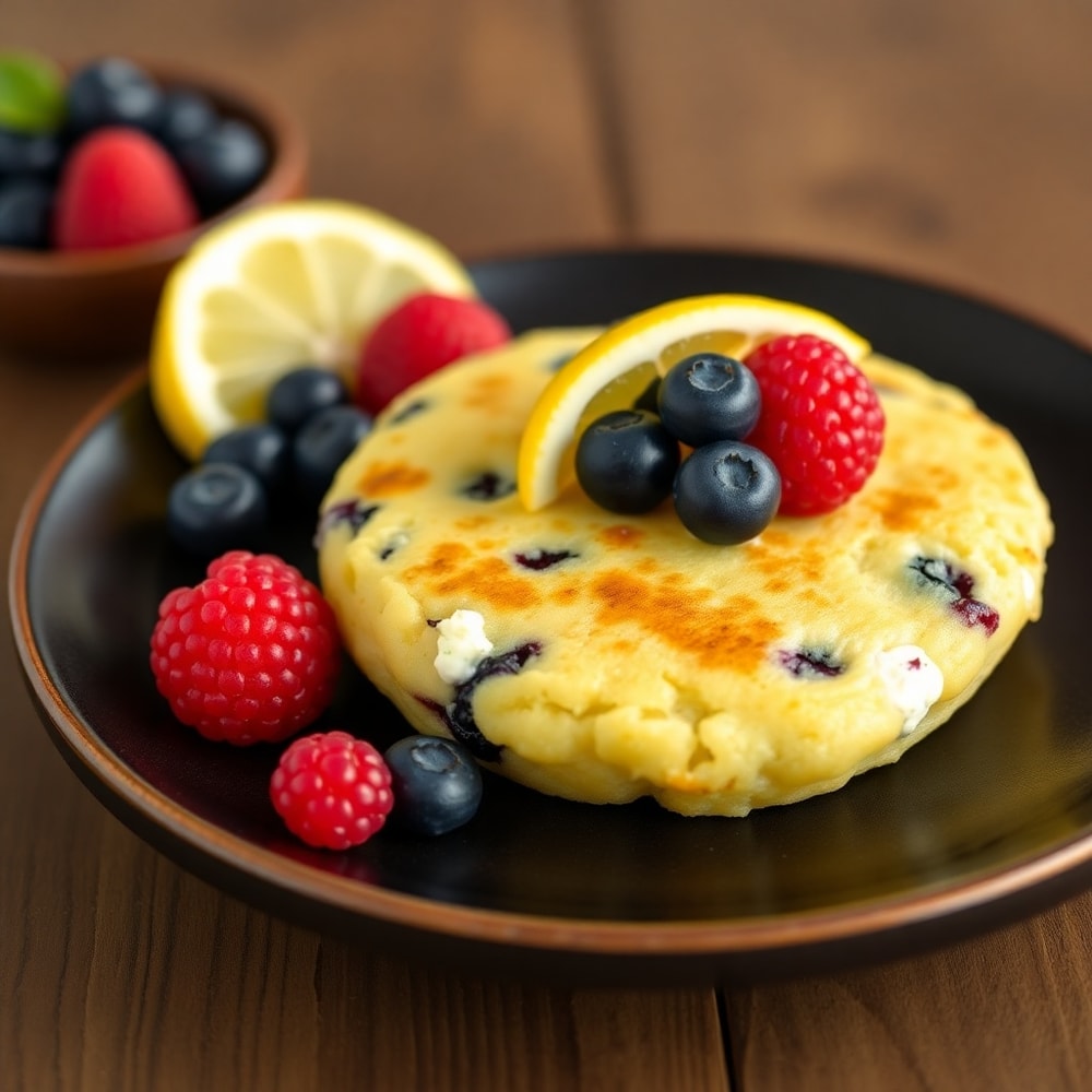 Lemon Blueberry Cottage Cheese Pancake Bites on a plate with a lemon wedge