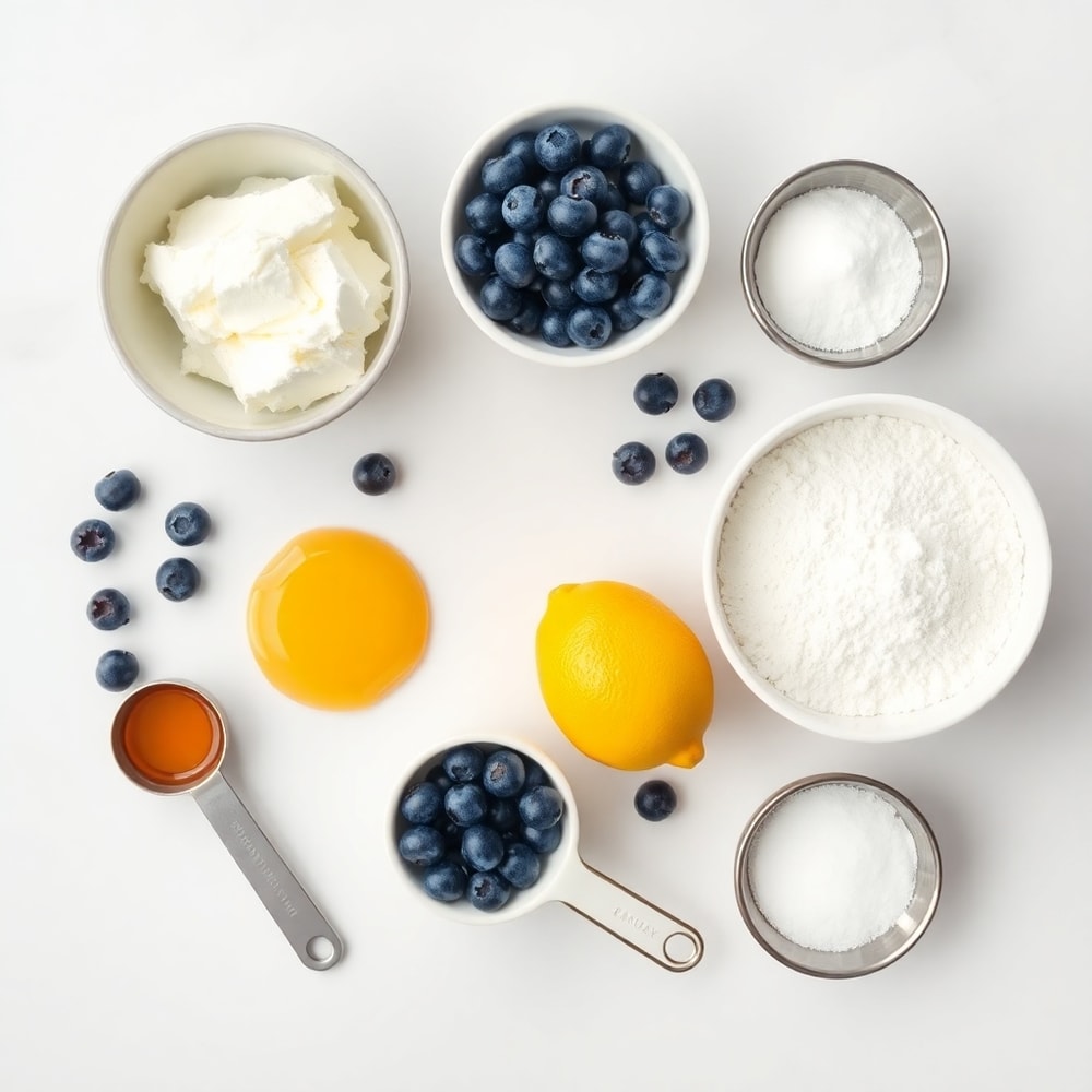 Flat lay of ingredients for Lemon Blueberry Cottage Cheese Pancake Bites
