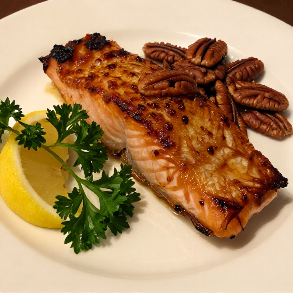 Plated Maple Pecan Glazed Salmon with pecans