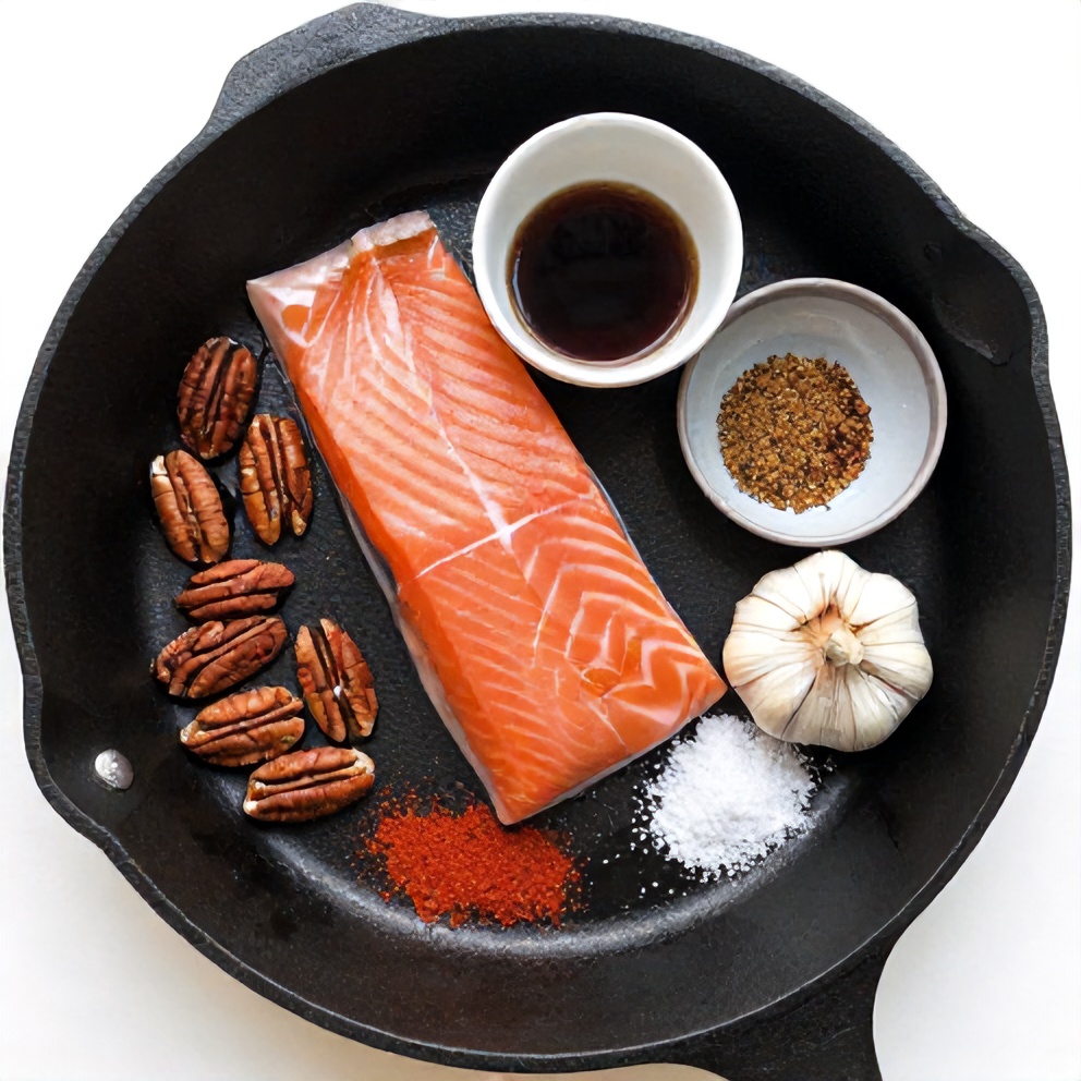 Raw ingredients for Maple Pecan Glazed Salmon
