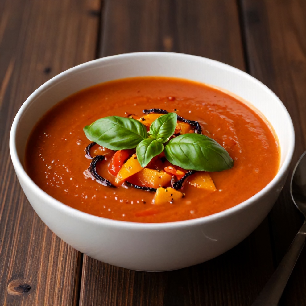 One perfect bowl of Mediterranean Tomato and Roasted Pepper Soup garnished with fresh basil, on a dark wooden surface, with warm side lighting