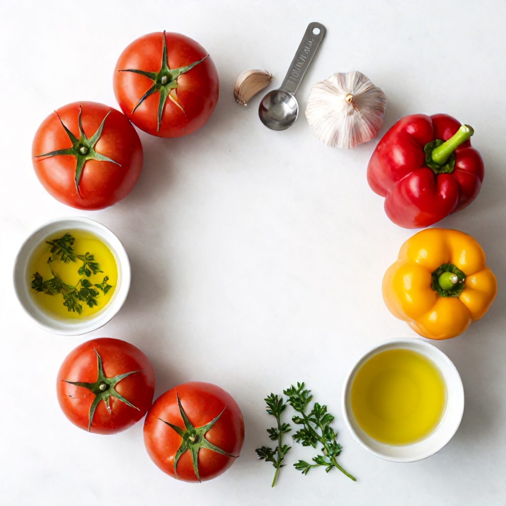 Overhead flat lay of fresh tomatoes, bell peppers, garlic, olive oil, and herbs on a white marble surface, with bright even light