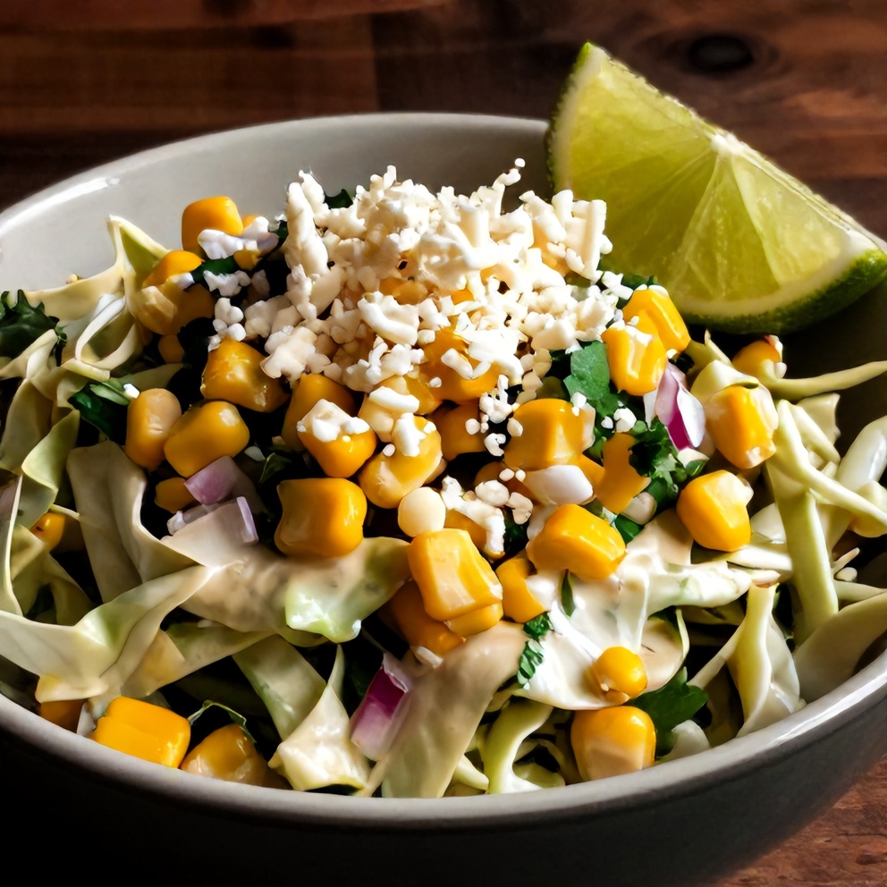 Mexican Street Corn Coleslaw served in a bowl with a lime wedge