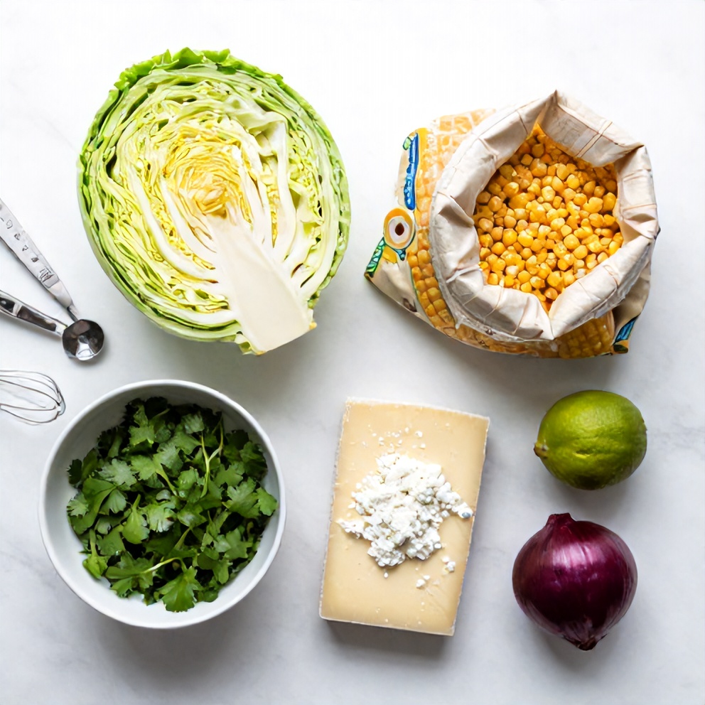 Raw ingredients for Mexican Street Corn Coleslaw on a white marble surface