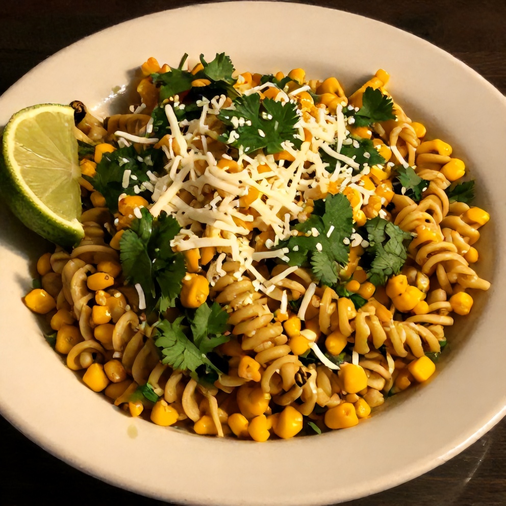 Mexican Street Corn Pasta Salad plated with fresh cilantro and lime wedges