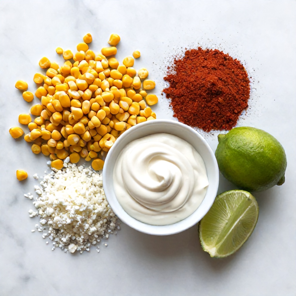 Raw ingredients for Mexican Street Corn Pasta Salad including corn, cotija cheese, and chili powder