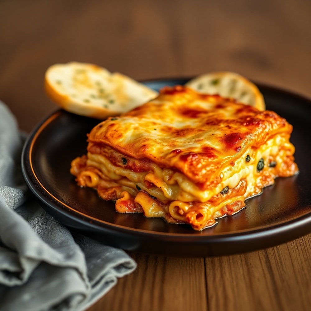 One perfect serving of Million Dollar Lasagna on a plate with a side of garlic bread