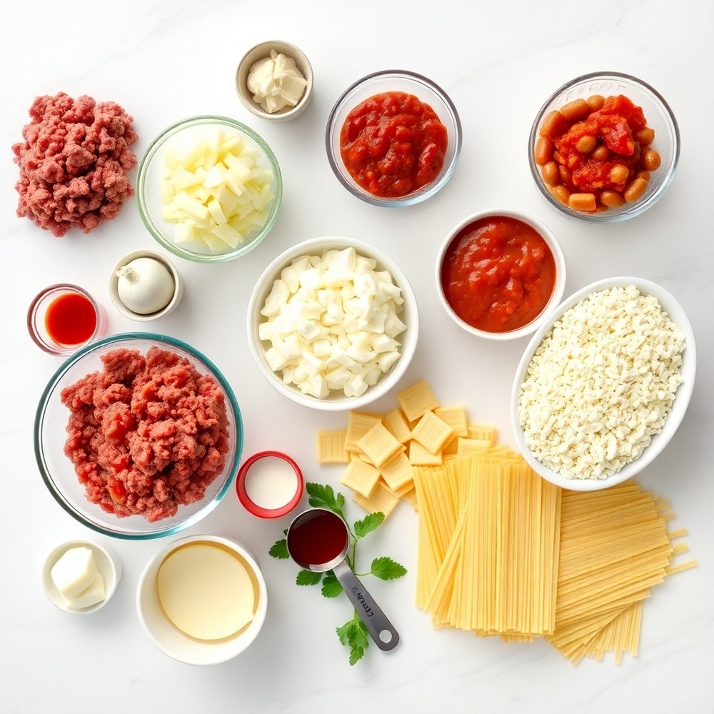 Raw ingredients for Million Dollar Lasagna arranged in a flat lay