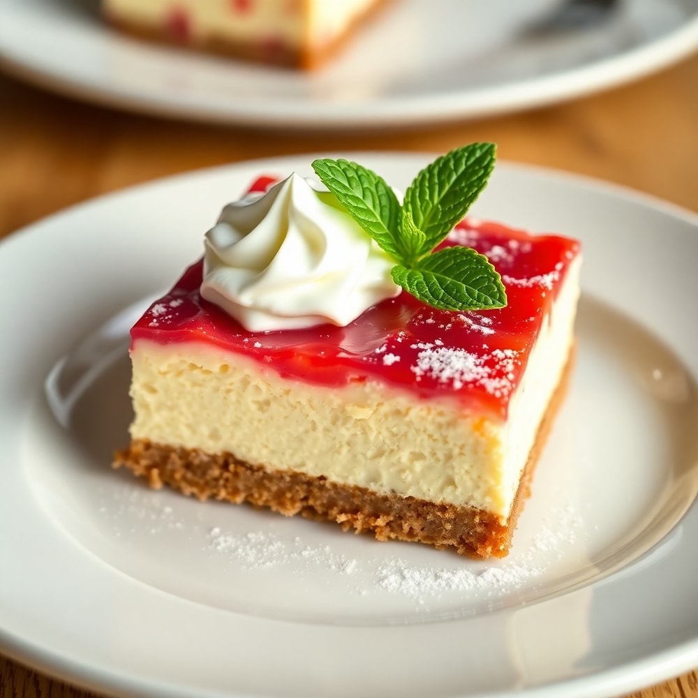 Perfectly cut No Bake Rhubarb Cheesecake Squares on a dessert plate
