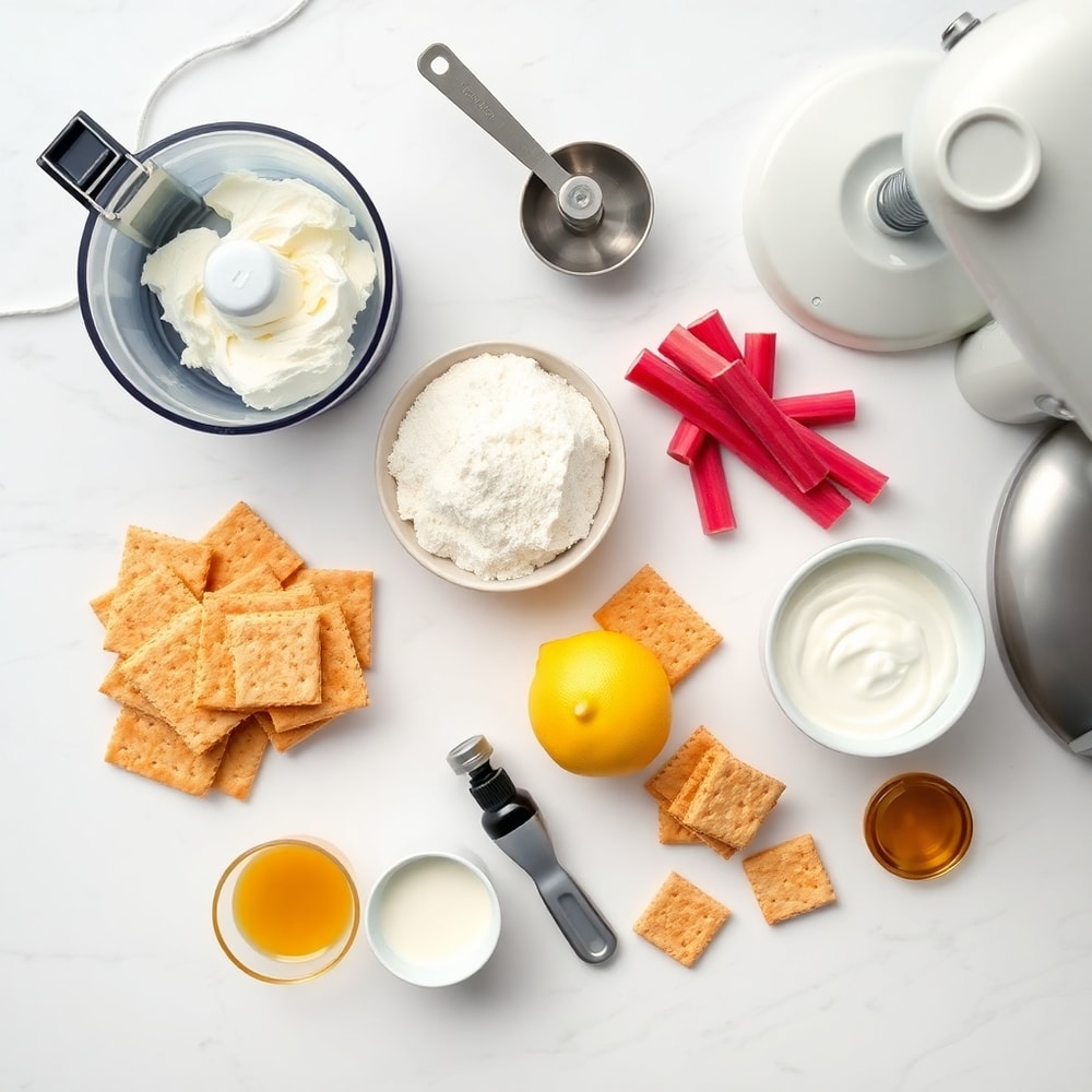 Graham crackers, cream cheese, rhubarb, sugar, and other ingredients laid out on a marble counter
