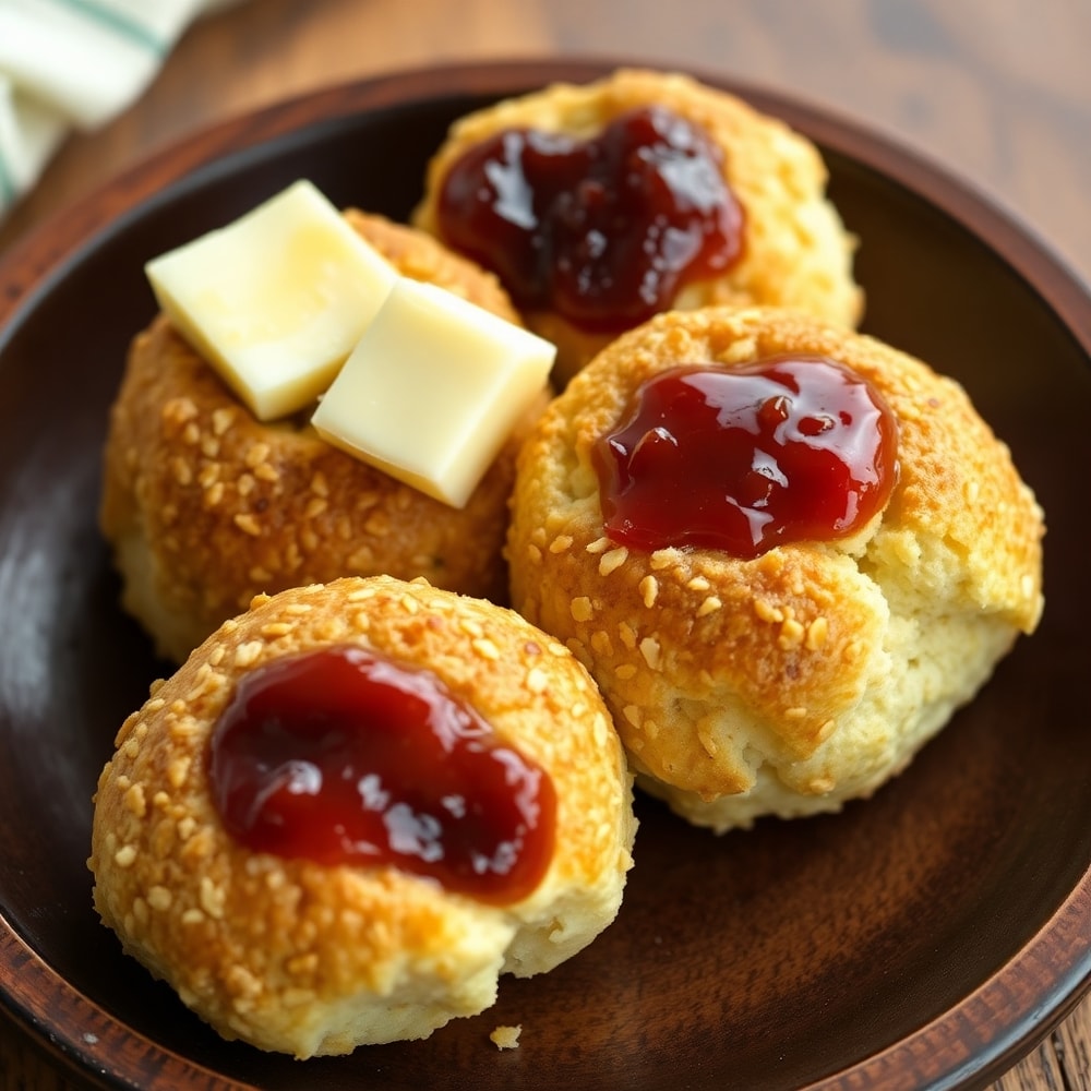 Oatmeal Molasses Rolls plated with butter and jam