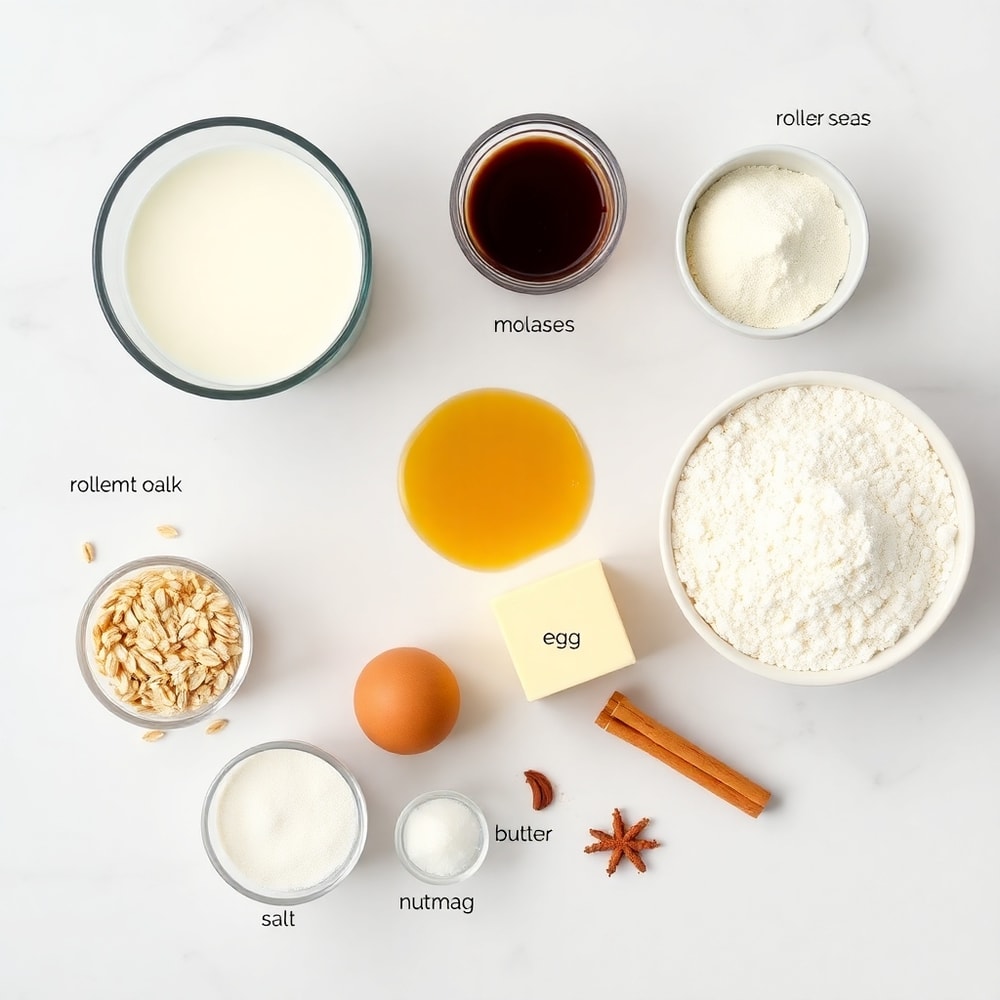 Oatmeal Molasses Rolls ingredients including oats, molasses, and warm milk