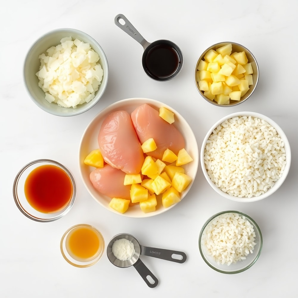 Raw ingredients for one-pan pineapple chicken and rice
