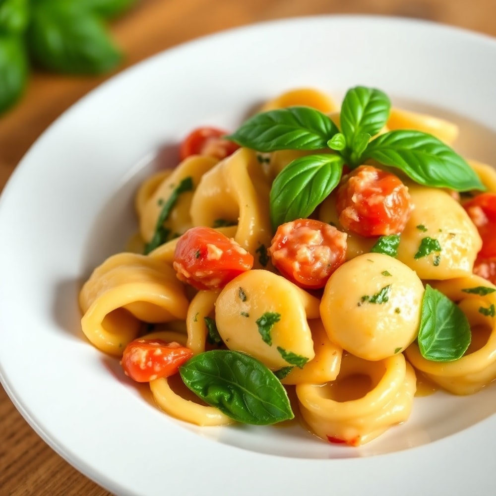 One Pot Creamy Spinach Tomato Tortellini plated, garnished with fresh basil, on a white plate, close crop, warm side lighting