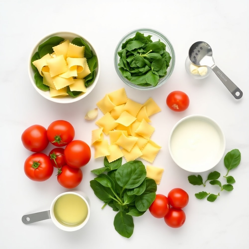 Raw ingredients for One Pot Creamy Spinach Tomato Tortellini, including tortellini, spinach, tomatoes, garlic, and heavy cream, arranged in a flat lay with prep bowls and measuring spoons