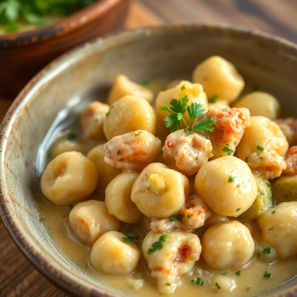 One Pot Gnocchi Chicken Pot Pie served in a rustic bowl with a sprinkle of parsley
