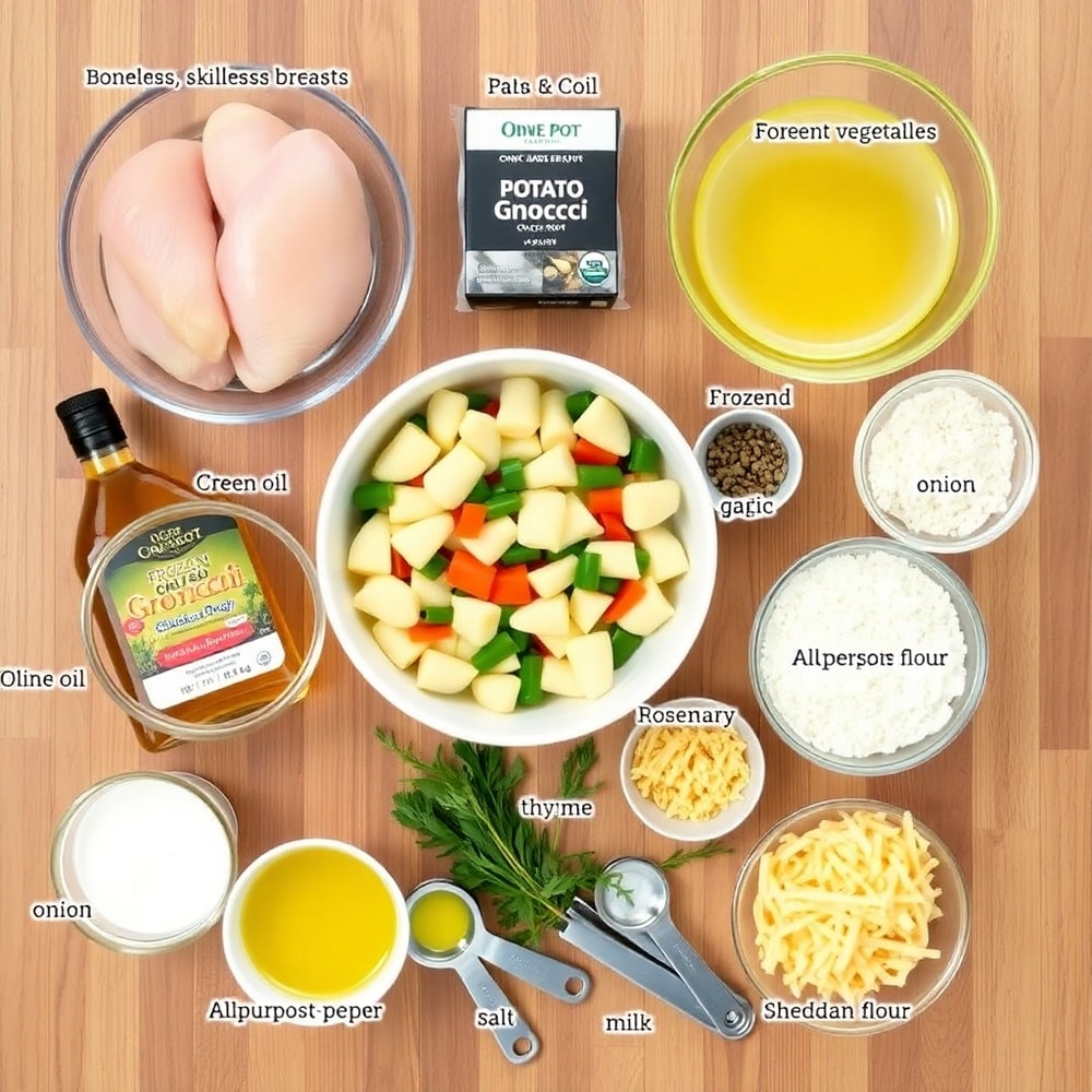 Raw ingredients for One Pot Gnocchi Chicken Pot Pie laid out on a wooden surface