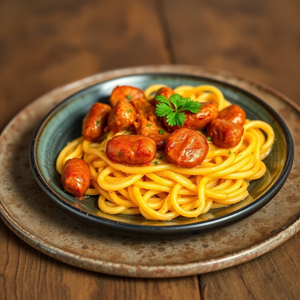 Plated one-pot honey BBQ sausage pasta on a rustic plate