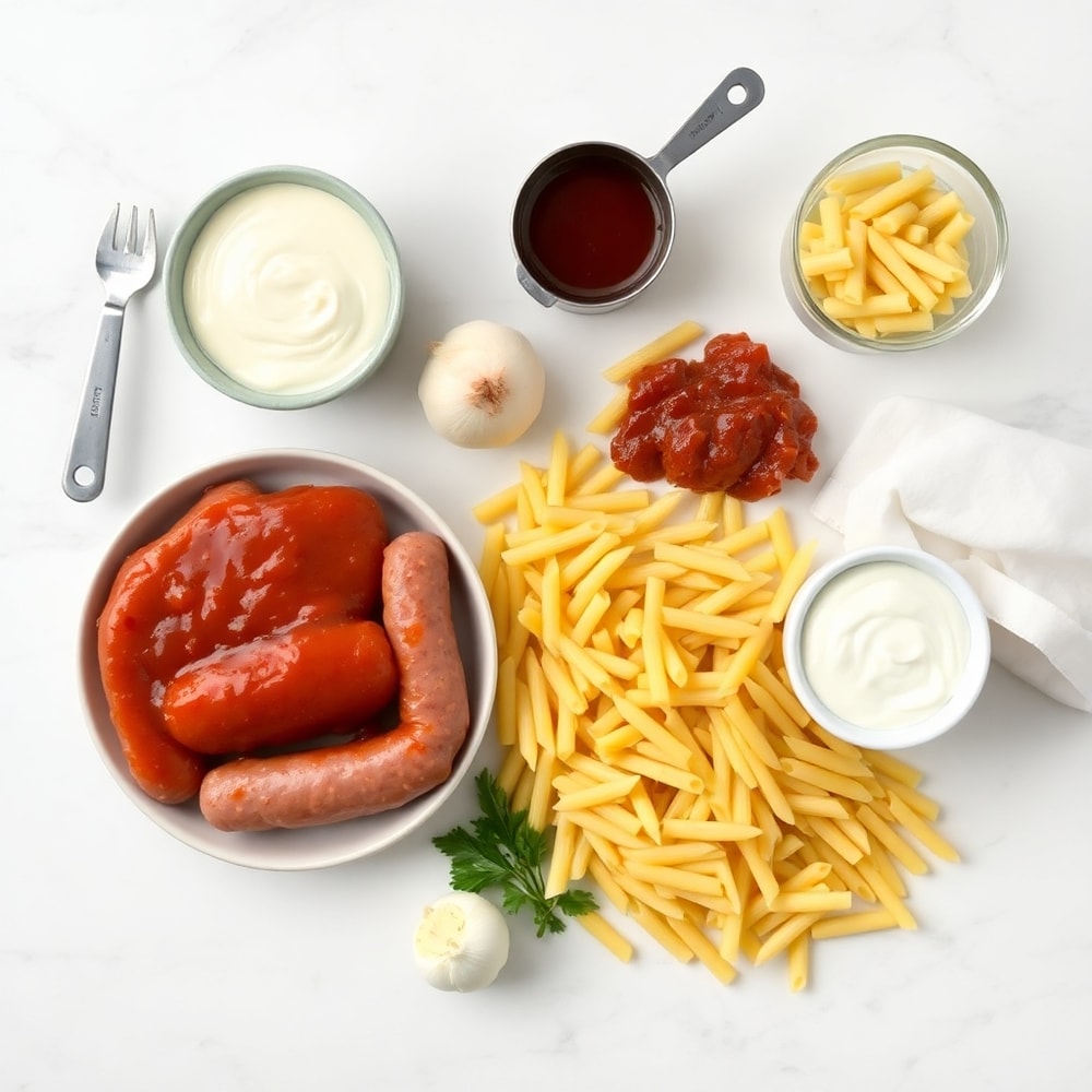 Raw ingredients for one-pot honey BBQ sausage pasta on a marble surface