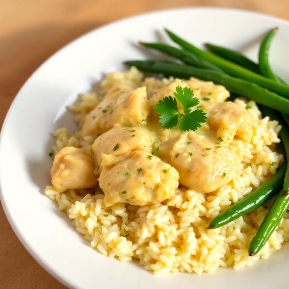 Plated one-pot lemon herb chicken and rice with a side of steamed green beans, garnished with fresh parsley