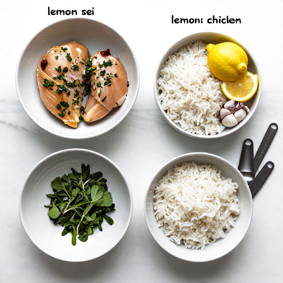 Raw ingredients for one-pot lemon herb chicken and rice: chicken thighs, rice, lemon, garlic, herbs, and seasonings