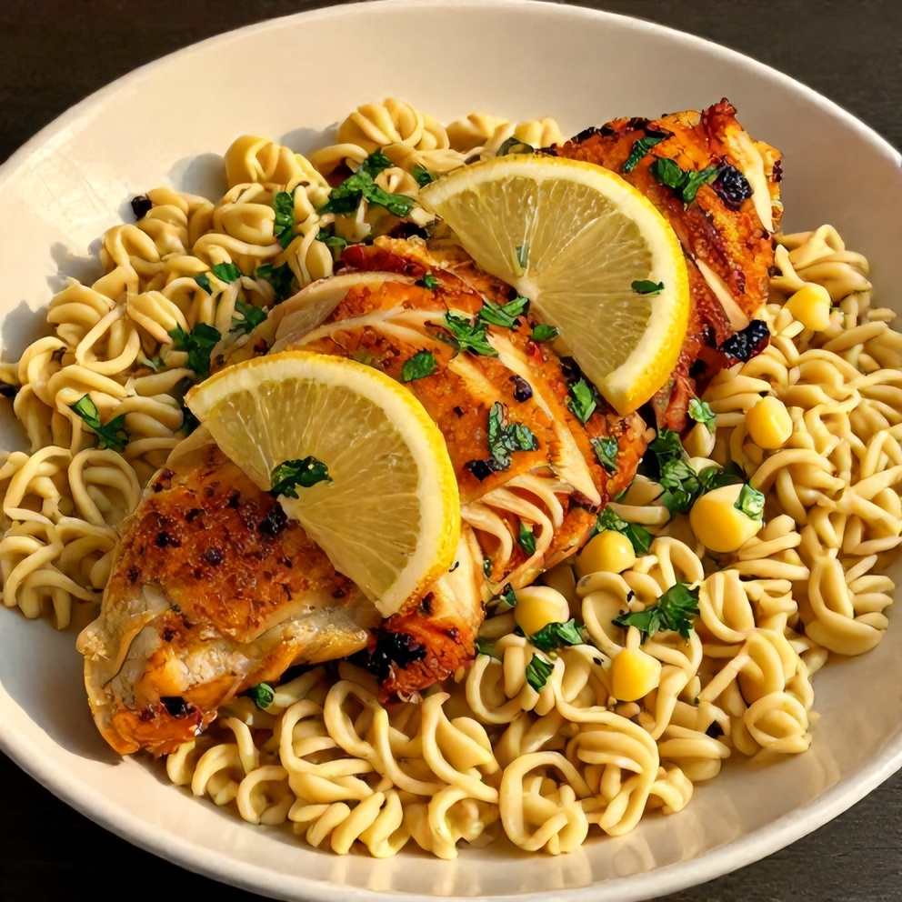 Plated serving of crispy one-pot lemon herb chicken and orzo with lemon slices and fresh parsley