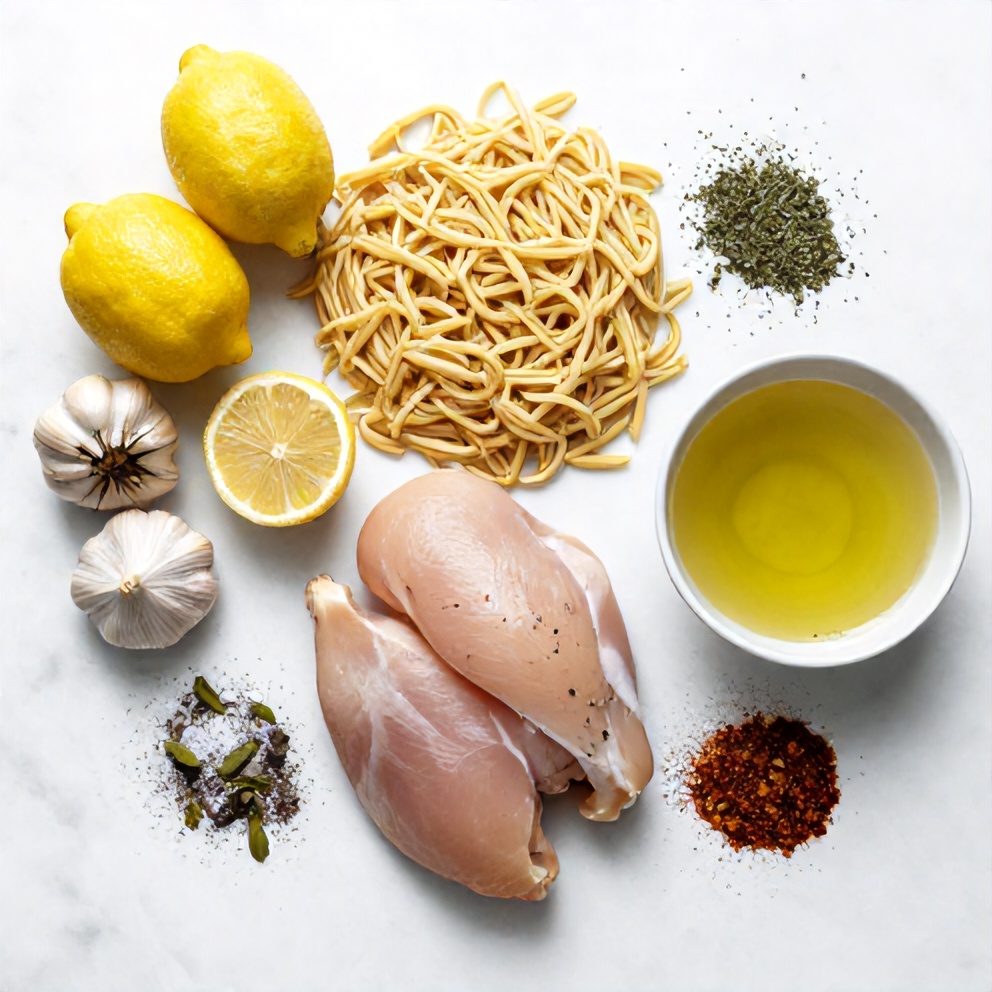 Raw ingredients for one-pot lemon herb chicken and orzo including chicken, orzo, lemon, garlic, and herbs