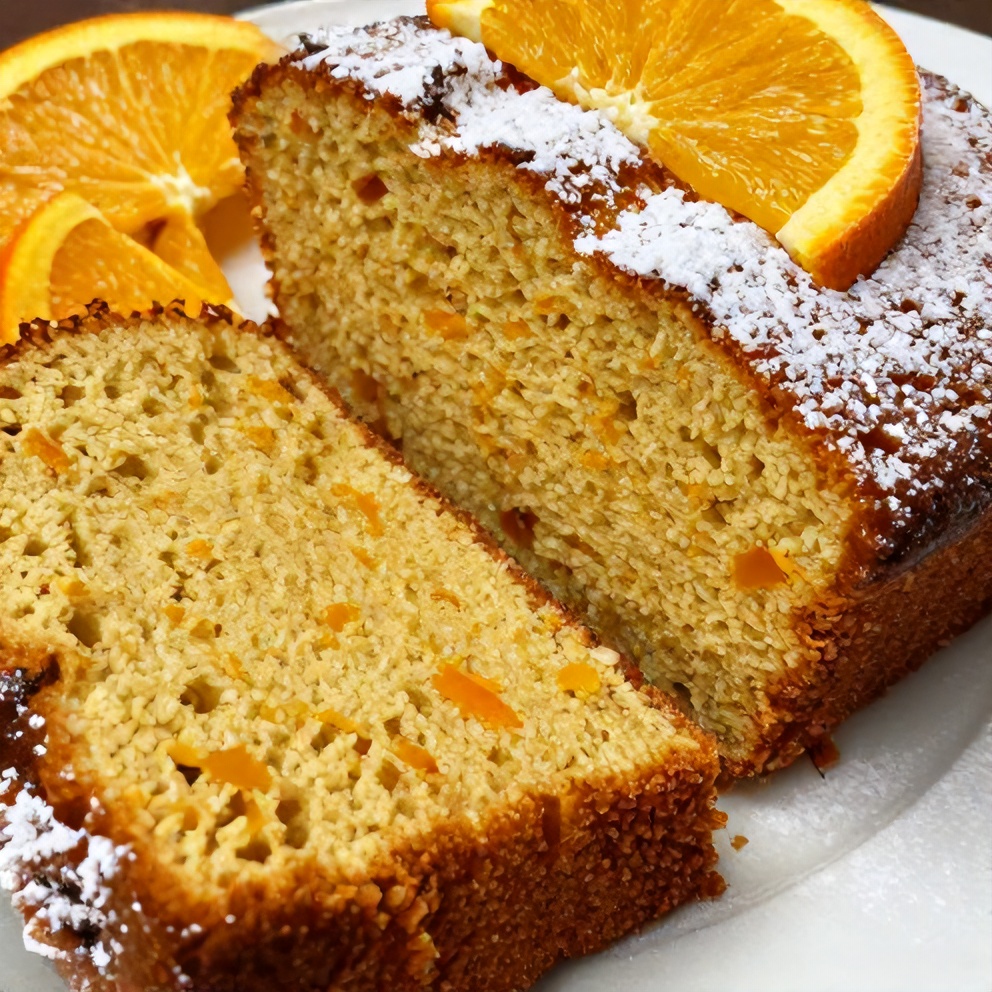 Sliced orange pound cake with powdered sugar on a white plate