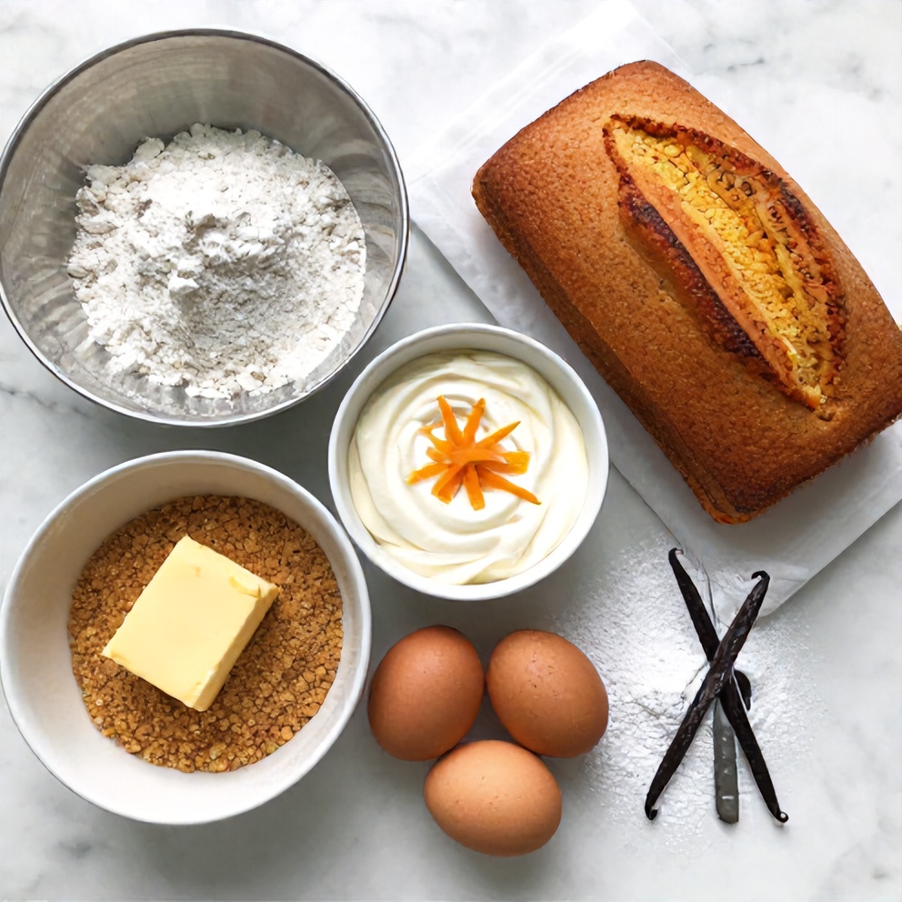 Ingredients for orange pound cake on a white marble countertop