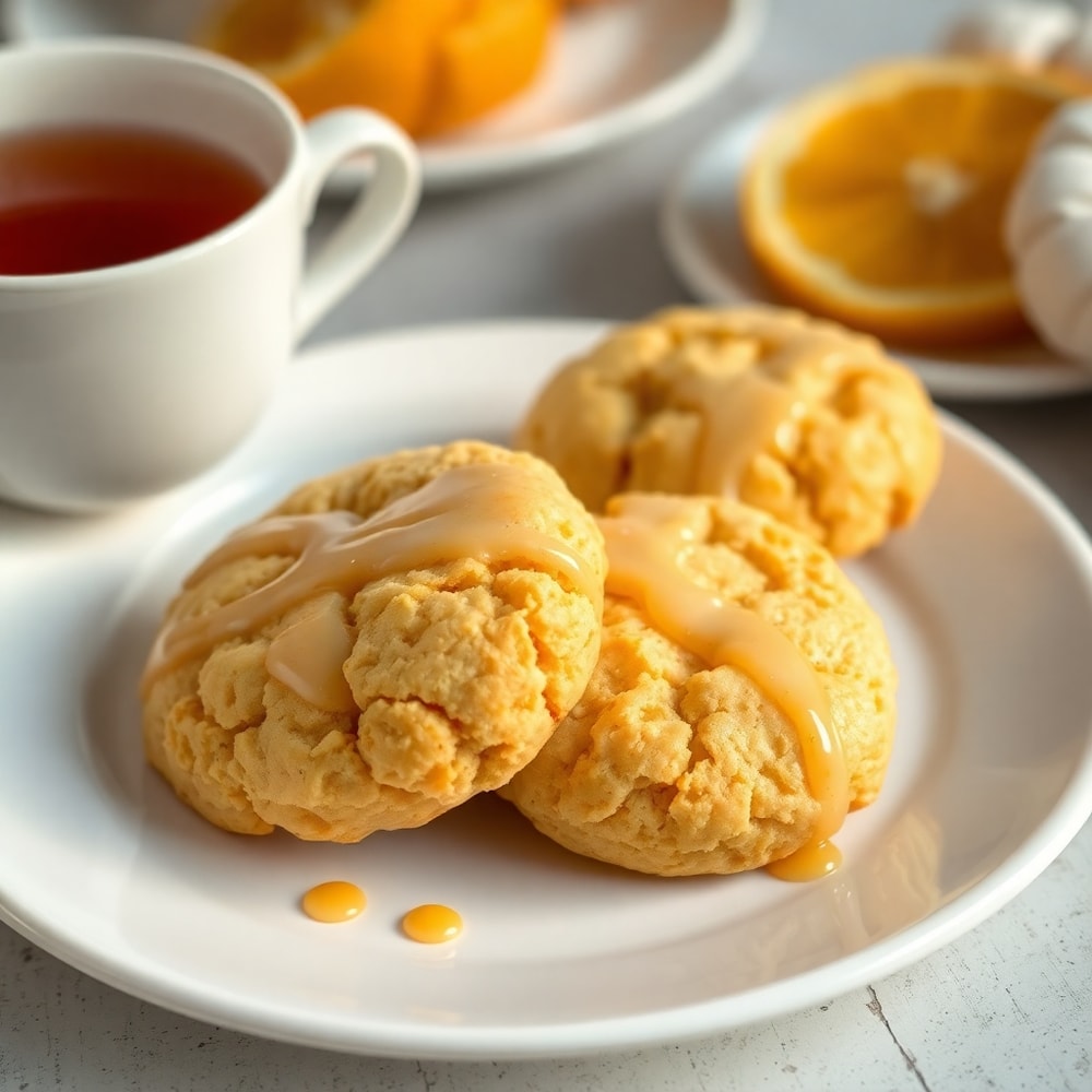 Orange scone cookies on a plate with a cup of tea