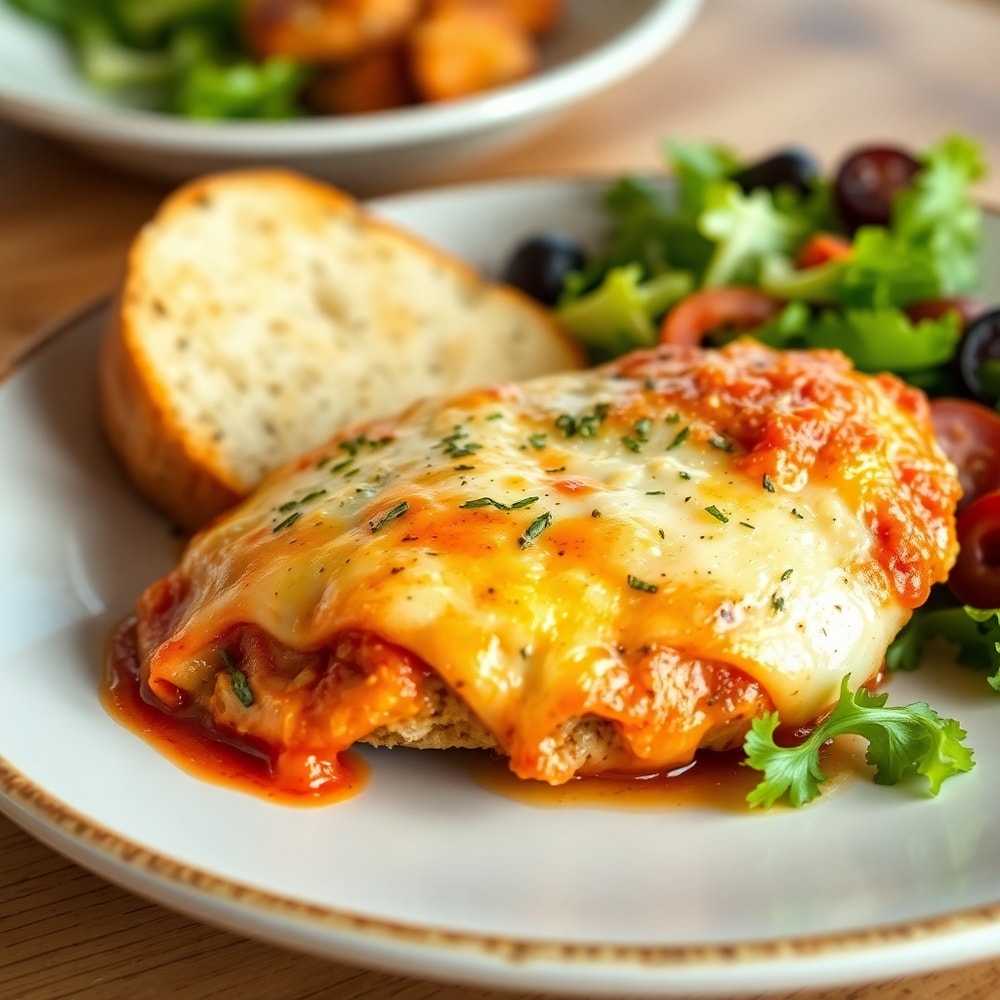 Plated baked chicken parmesan with garlic bread and side salad