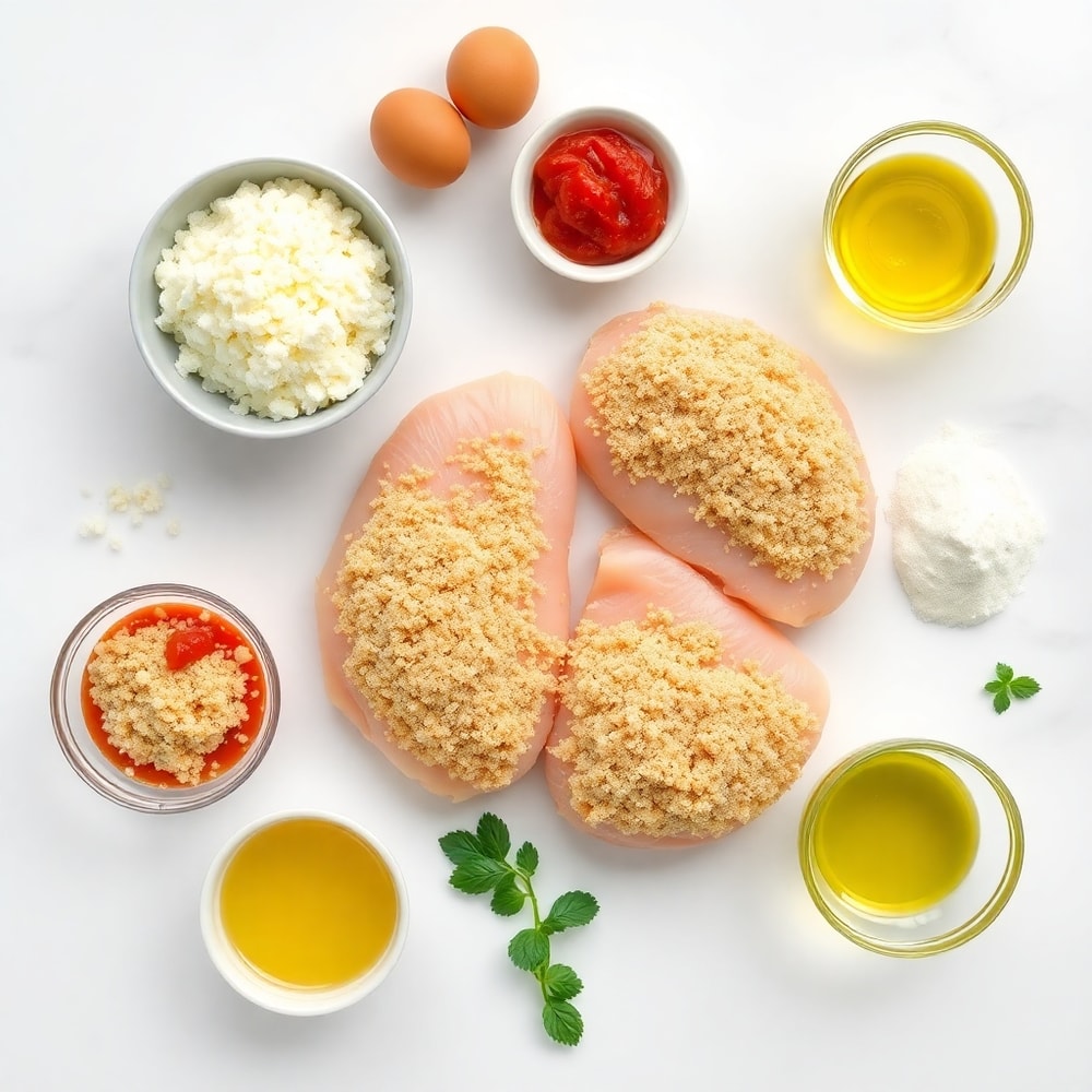 Raw ingredients for baked chicken parmesan: chicken breasts, breadcrumbs, parmesan cheese, marinara sauce, eggs, flour, olive oil