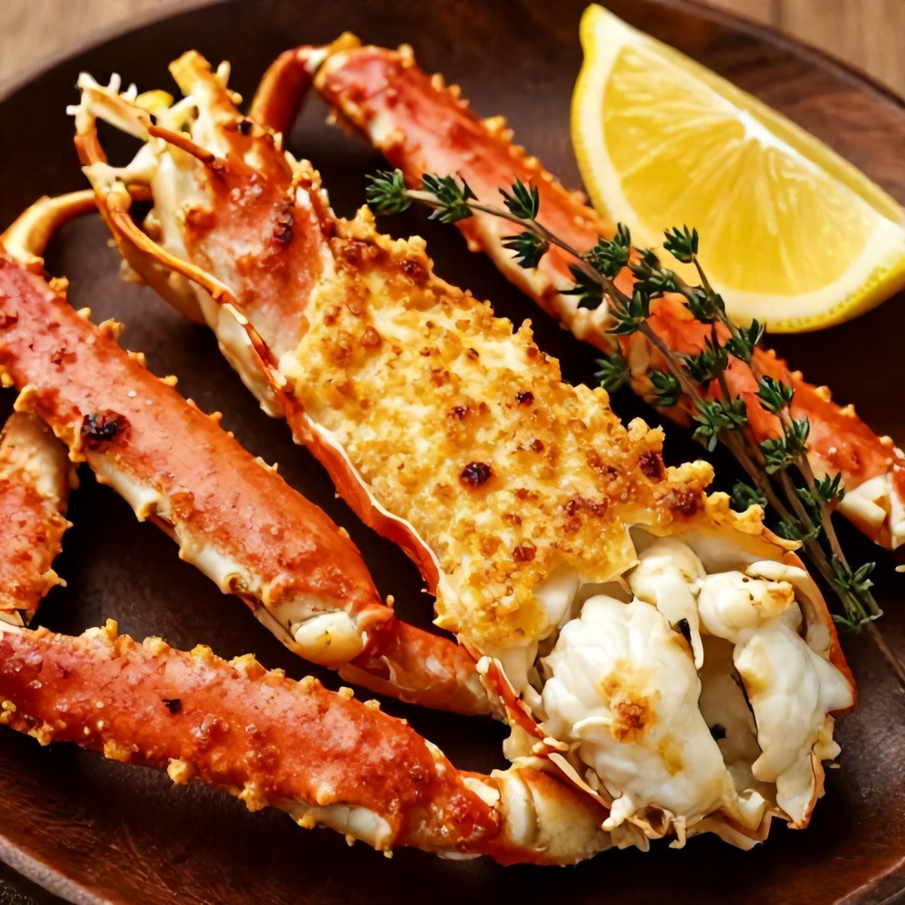 Plated oven baked snow crab legs with lemon wedges