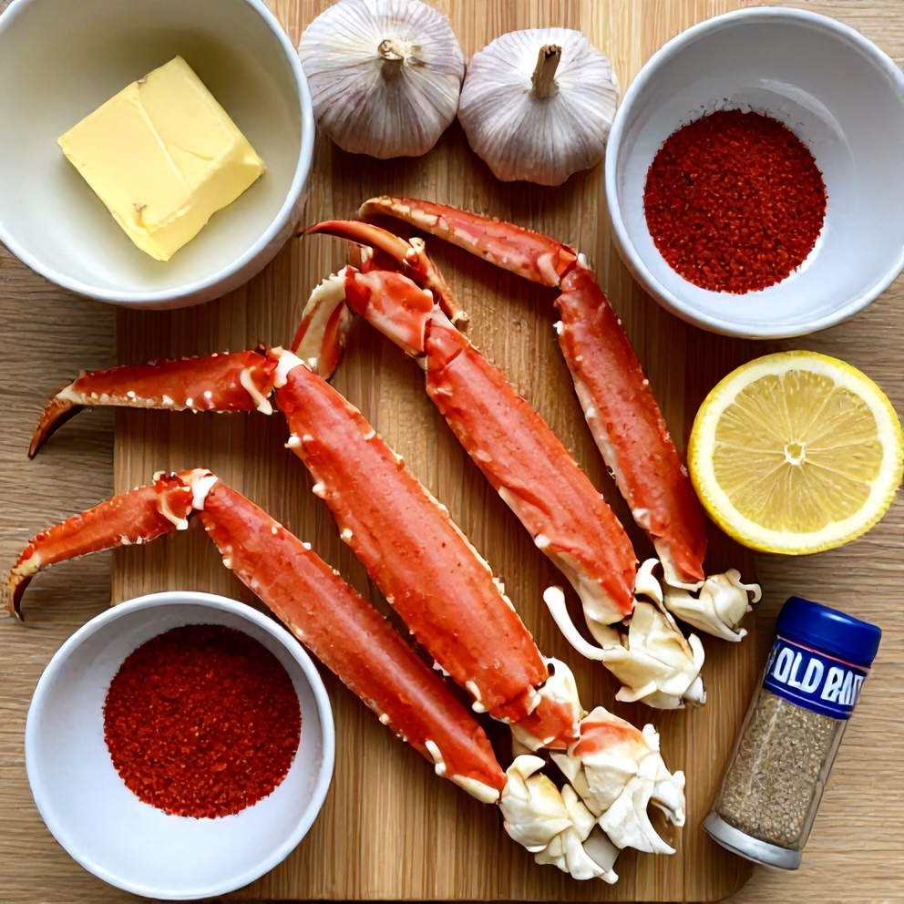 Raw snow crab legs, garlic, lemon, butter, and seasonings arranged on a wooden cutting board
