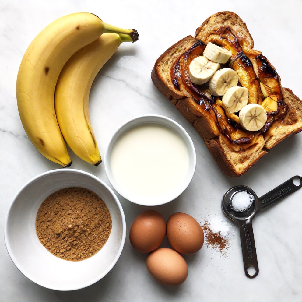 Raw ingredients for Overnight Banana French Toast Casserole including bread, bananas, and eggs