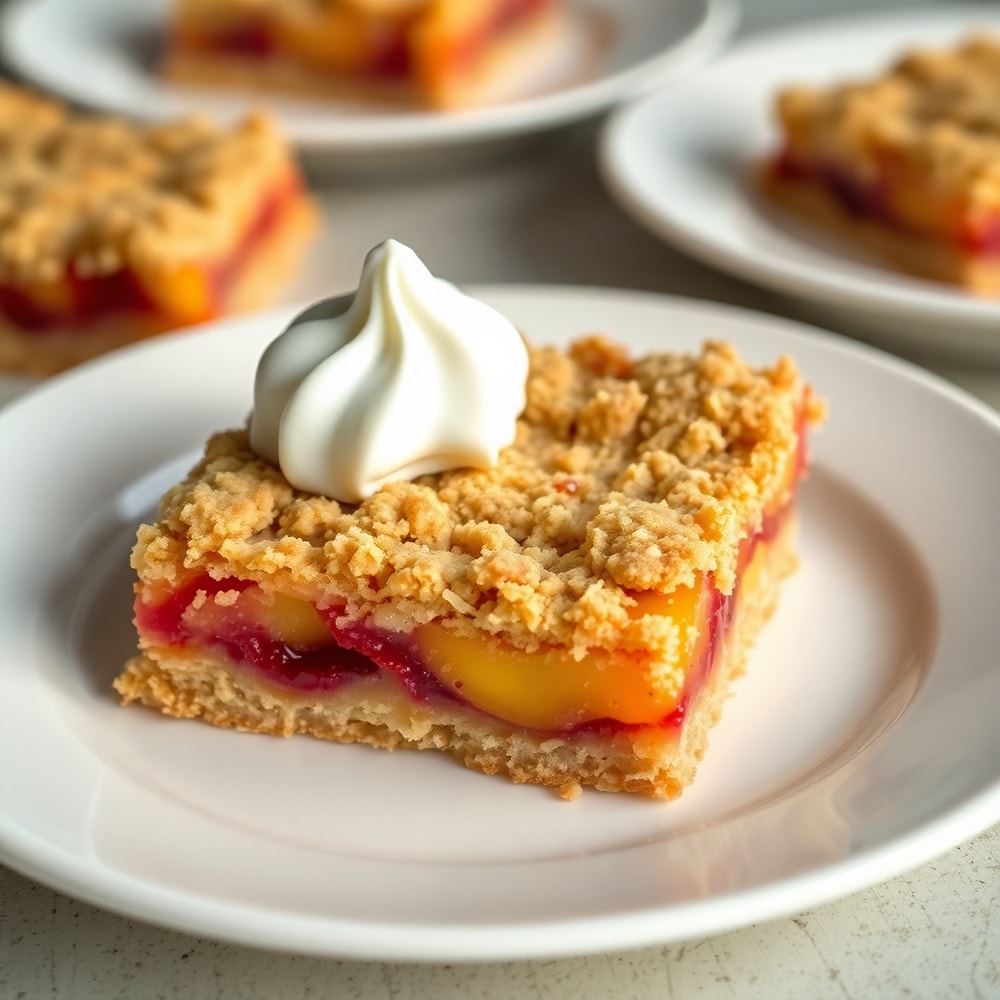 Peach Raspberry Crumb Bars on a white plate