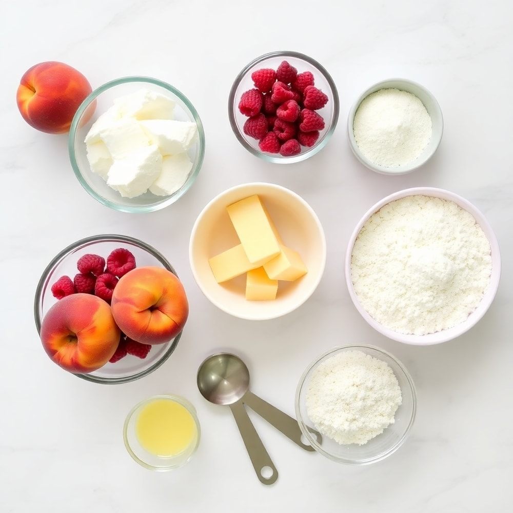 Ingredients for Peach Raspberry Crumb Bars on a marble surface