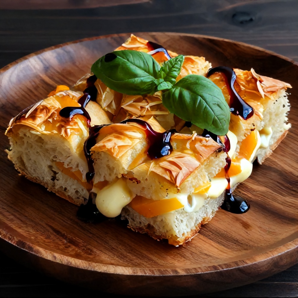 Plated Peaches and Cream Sourdough Focaccia