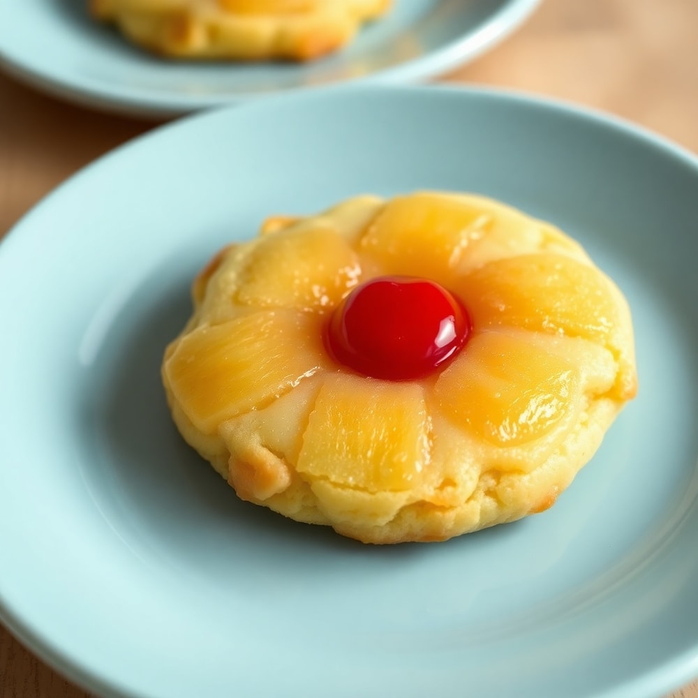 Pineapple Upside Down Sugar Cookies on a light blue plate