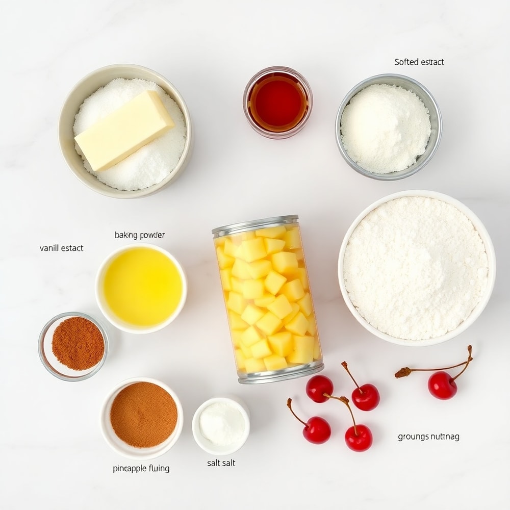 Ingredients for Pineapple Upside Down Sugar Cookies on a white marble surface