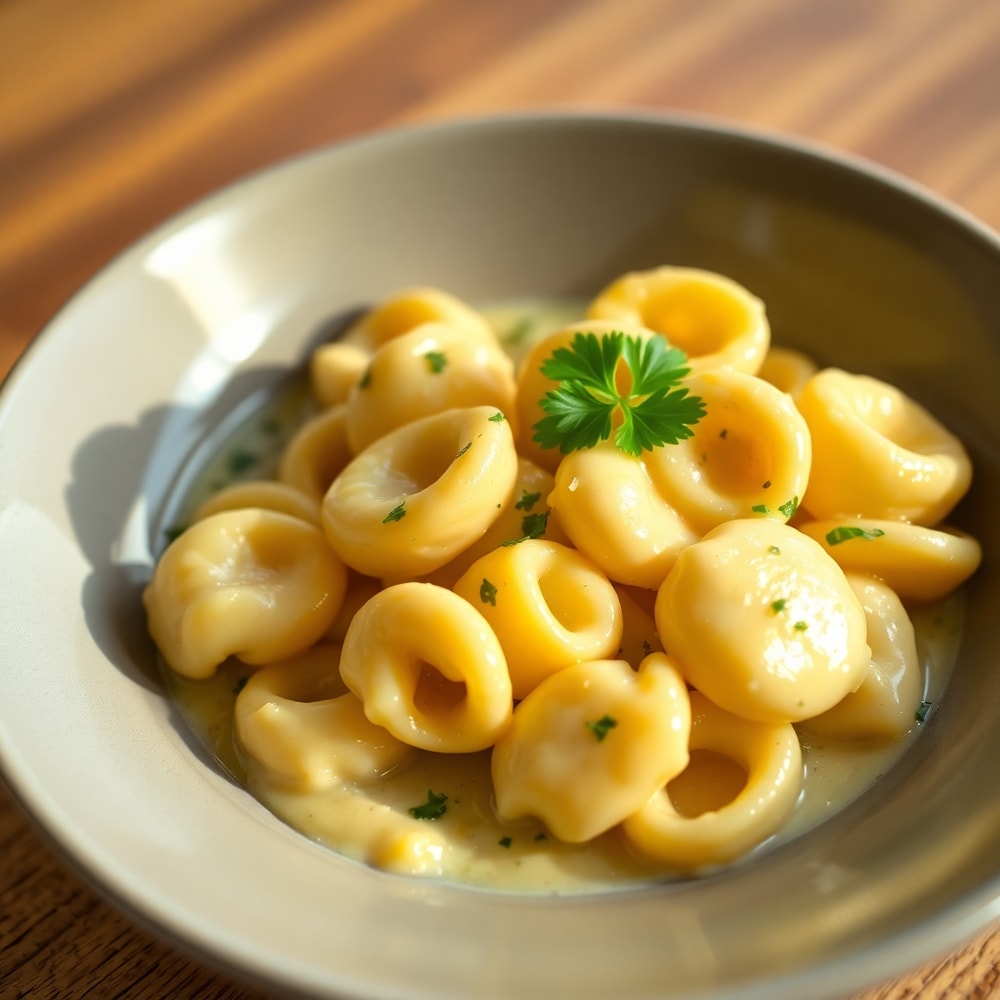 A plated serving of creamy tortellini carbonara, garnished with fresh parsley, in a shallow bowl