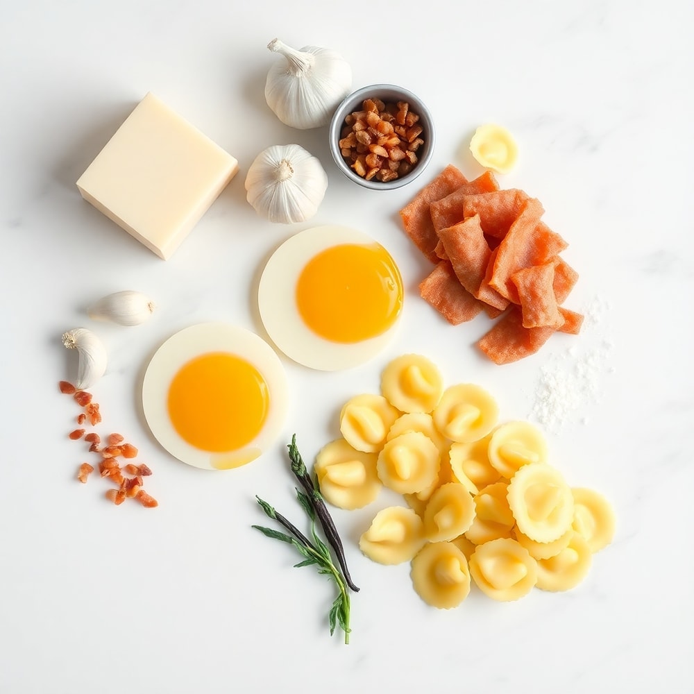 Cheese, eggs, garlic, pancetta, tortellini, black pepper, and salt arranged on a white marble surface