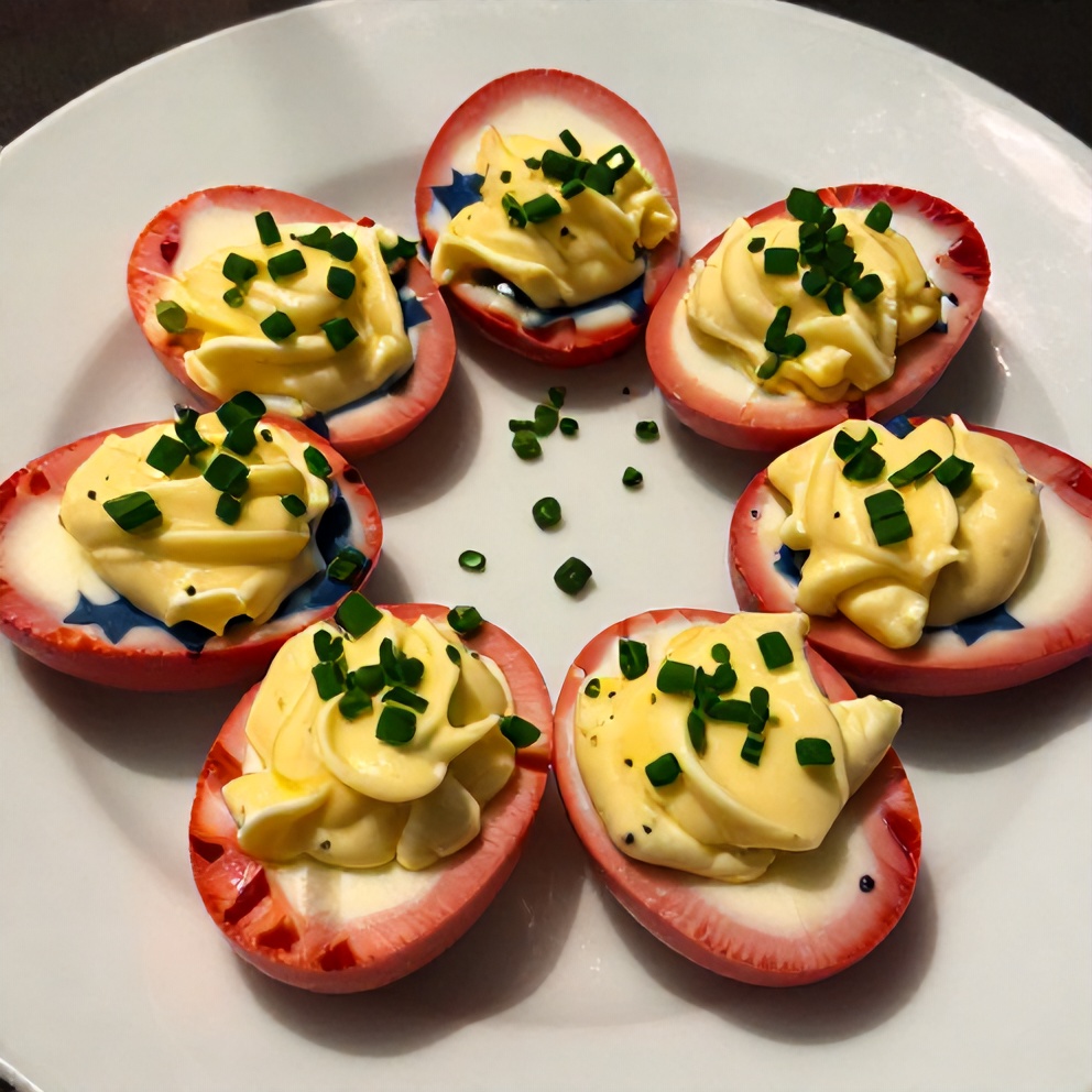 Plated Red, White, and Blue Deviled Eggs on a white plate