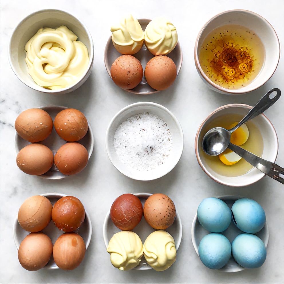 Raw ingredients for Red, White, and Blue Deviled Eggs on a marble surface